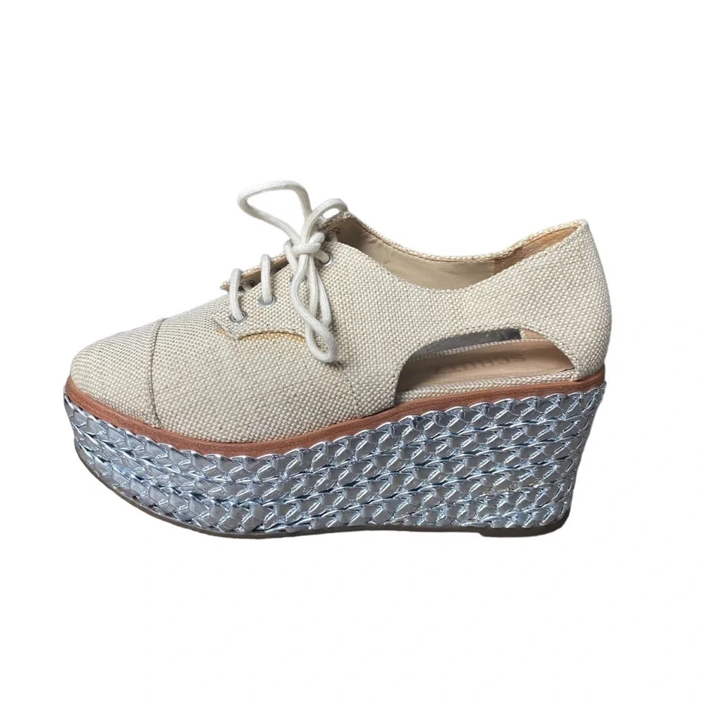 SCHUTZ Cream Lace-Up Platform Wedges with Silver Braided Sole